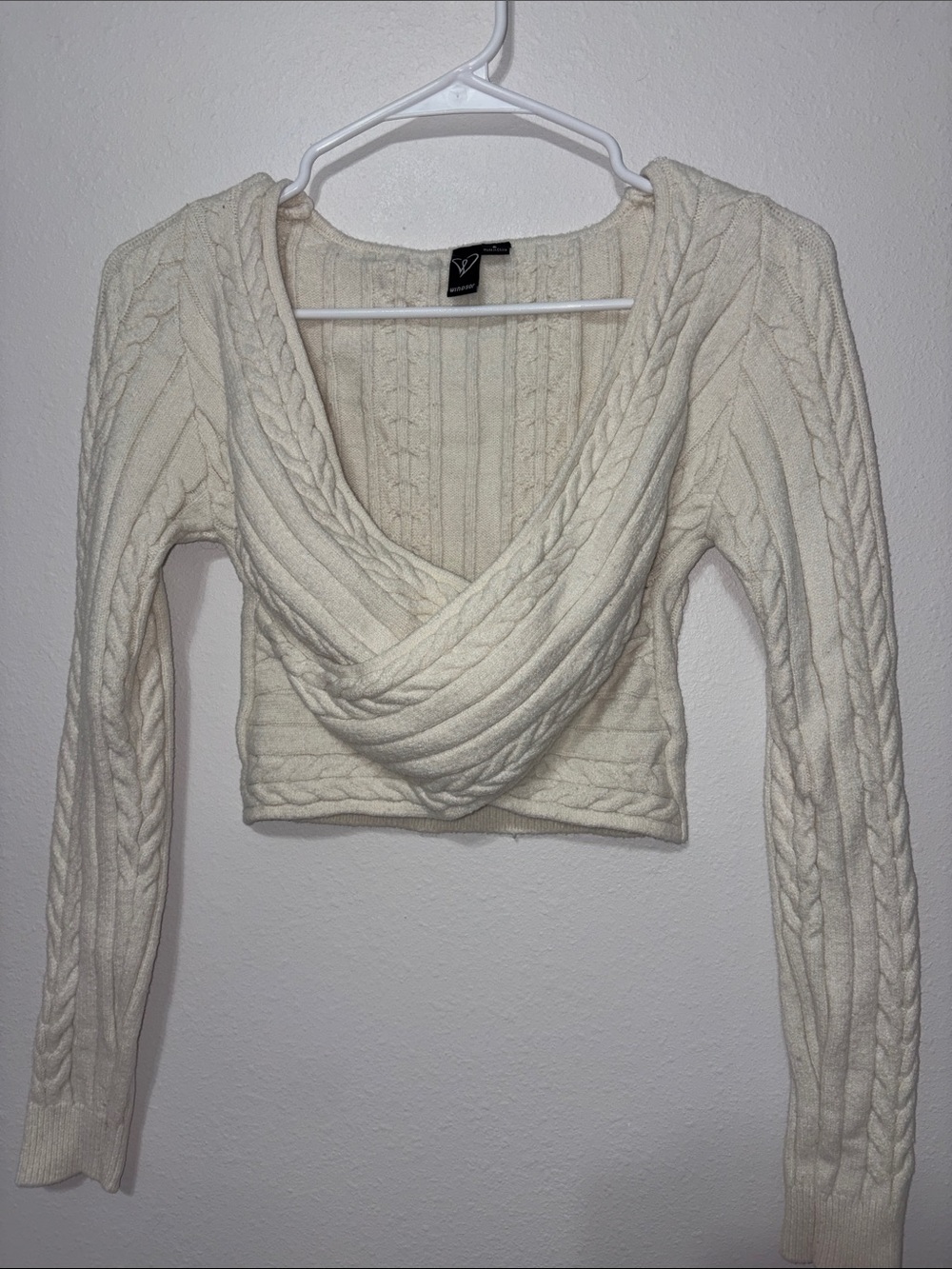 Windsor Cream Off-Shoulder Cable Wrap Sweater